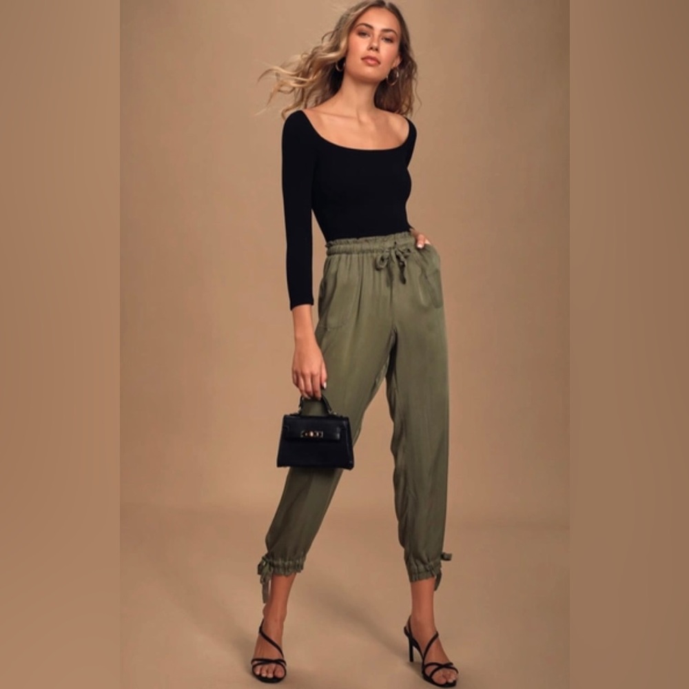 NWT Lulus  Sebastian Olive Green Tie Waist Pants - Picture 2 of 13